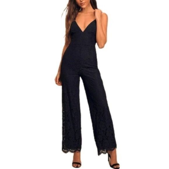 Pants - Lulu's Black Lace Wide-Leg Lace-Up Jumpsuit size large